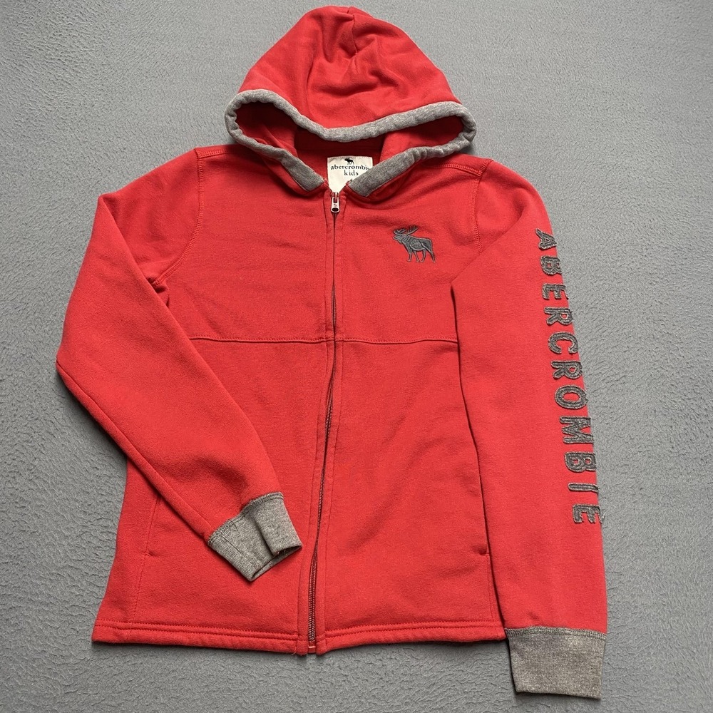 VTG Abercrombie Kids Hoodie Kids 15/16 Red Full Zip Fleece Moose Sleeve Logo y2k
